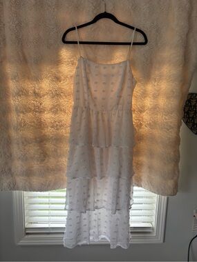 Mi Amore White Tiered Spaghetti-Strap High-Low Dress with Subtle Dot Print